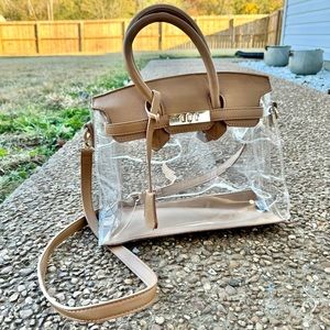 Clear Transparent Bag for Stadiums Concert Games w/ Faux Leather Strap & Buttons